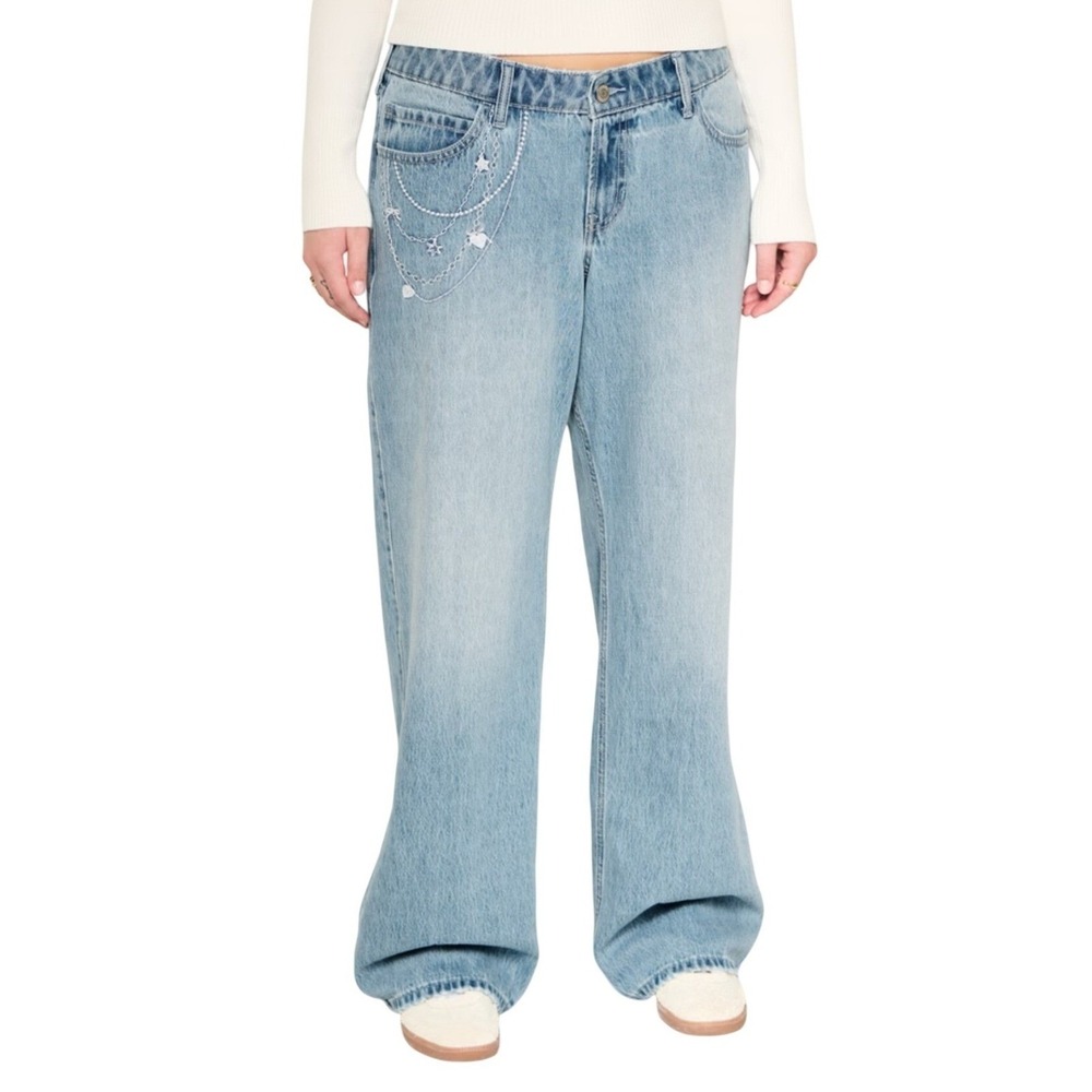 HOLLISTER Baggy Low Rise Jeans Women 4R Light Wash Chain Embroidery Y2K Wide Leg